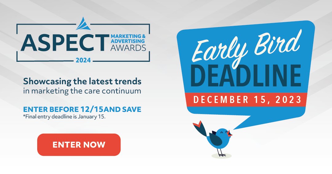 Thank you for sharing your wonderful #pallativecare #marketing and #advertising campaigns! Showcase your vision by entering the 2024 Aspect Awards. Save $100 when you submit by December 15. Click on the link to learn more: bit.ly/3SPi81t #AspectAwards