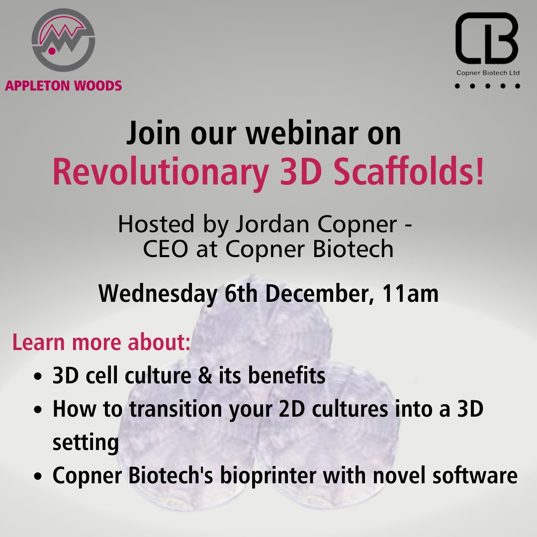 📢 UPCOMING WEBINAR!

Don't miss our upcoming webinar on revolutionary 3D scaffolds with Copner Biotech Ltd.

WHEN: Wednesday 6th December, 11am GMT⏰

Head to the News section on our website to register for this free webinar (link in our bio).

#webinar #3Dcellculture