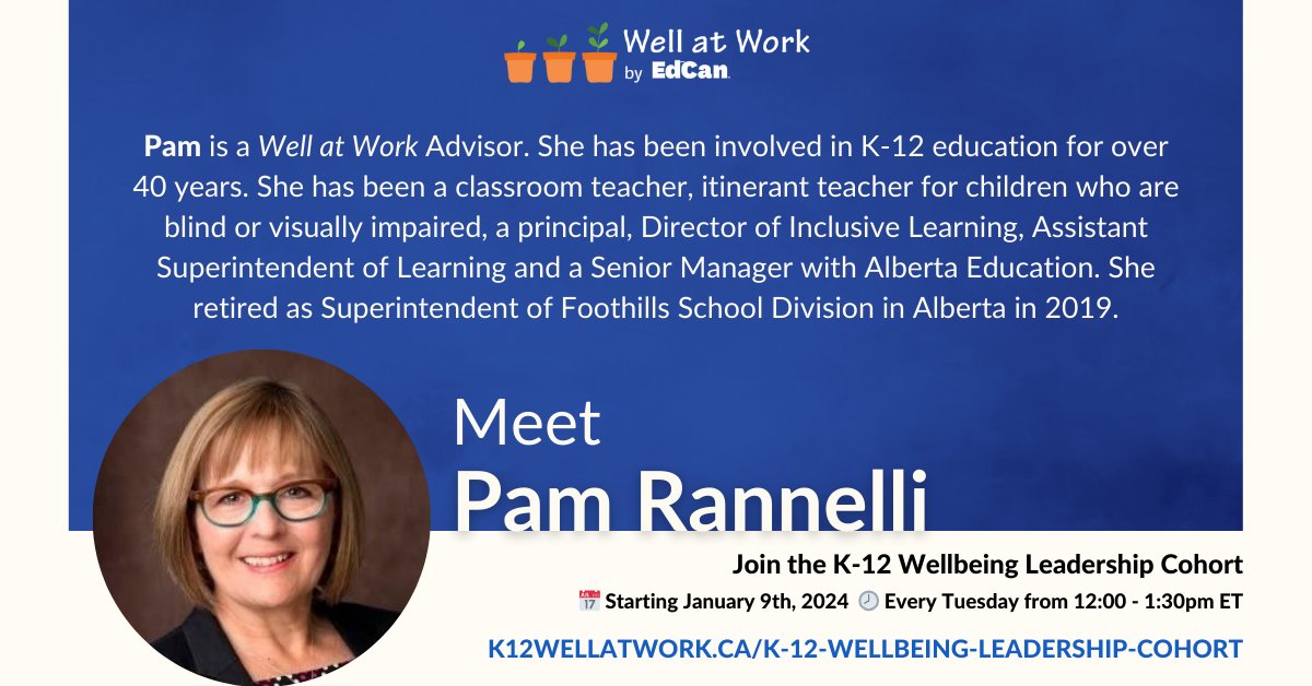 Pam Rannelli, #WellatWork Advisor, will facilitate the 2024 K-12 Leadership Cohort! In this 8-week program, district leaders will learn to foster a collaborative, systemic approach to workplace wellbeing by addressing workforce challenges. Learn more: ow.ly/ahnT50Q9t17