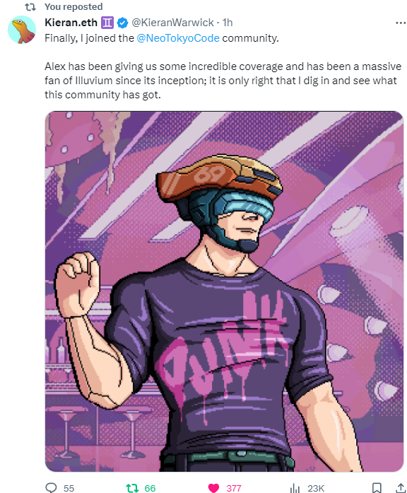 *blows trumpet* 

I am pleased to announce <a href="/illuviumio/">Illuvium</a>...One of the biggest market cap, best performing and most awaited games in web3....

Has JOINED <a href="/NeoTokyoCode/">NEO TOKYO</a>. Had a lot of fun chatting with them and <a href="/BuildOnBeam/">Beam</a> today in S1 chat. 

The golden city on a hill of gaming. Bar