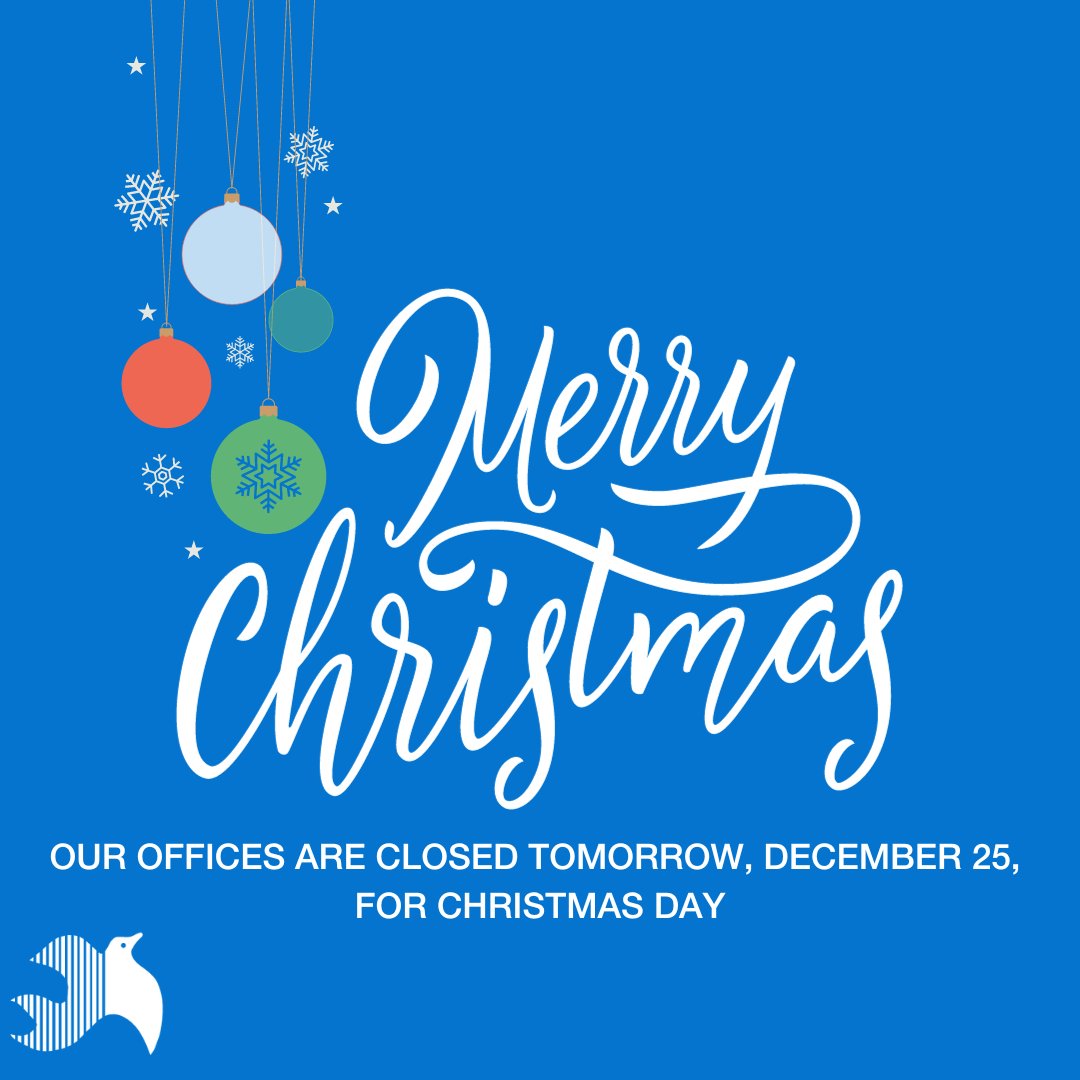 Don't forget, our offices will be closed tomorrow, December 25, in celebration of Christmas. Enjoy the holiday, and we'll see you on Tuesday!