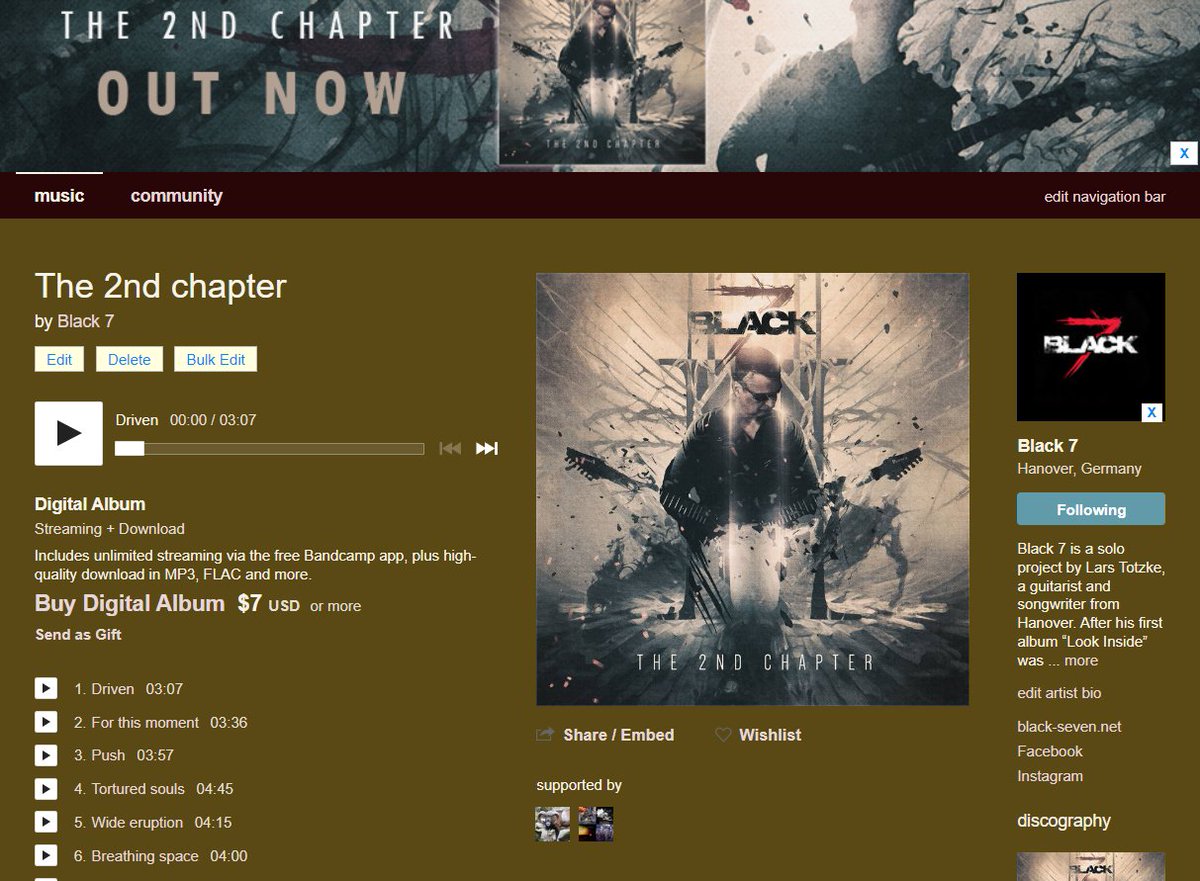 Black7germany's tweet photo. The new album "The 2nd chapter" has also been released on bandcamp. A platform on which you can support independent bands very well. So take a look and stream or buy a few songs.
https://t.co/7MWLMEFuw5
#Bandcamp #Black7 #IndependentArtist https://t.co/K4900C0kwg