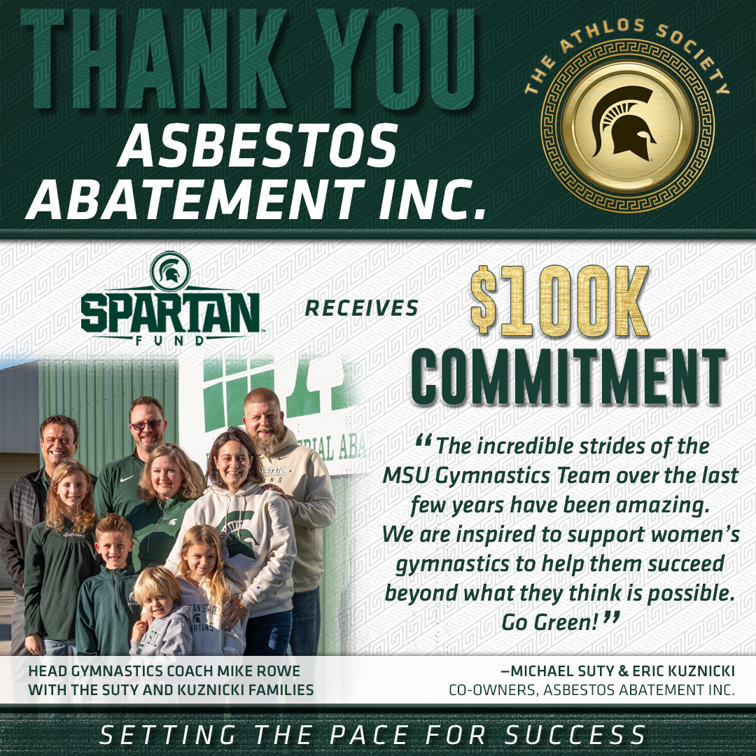 ✨Investing in Champions✨

Thank you Asbestos Abatement co-owners, Michael Suty and Eric Kuznicki, for your generous commitment to <a href="/MSU_Gymnastics/">Michigan State Gymnastics</a>. Your support truly inspires greatness! Welcome to the Athlos Society!

#GoGreen | #InvestInChampions