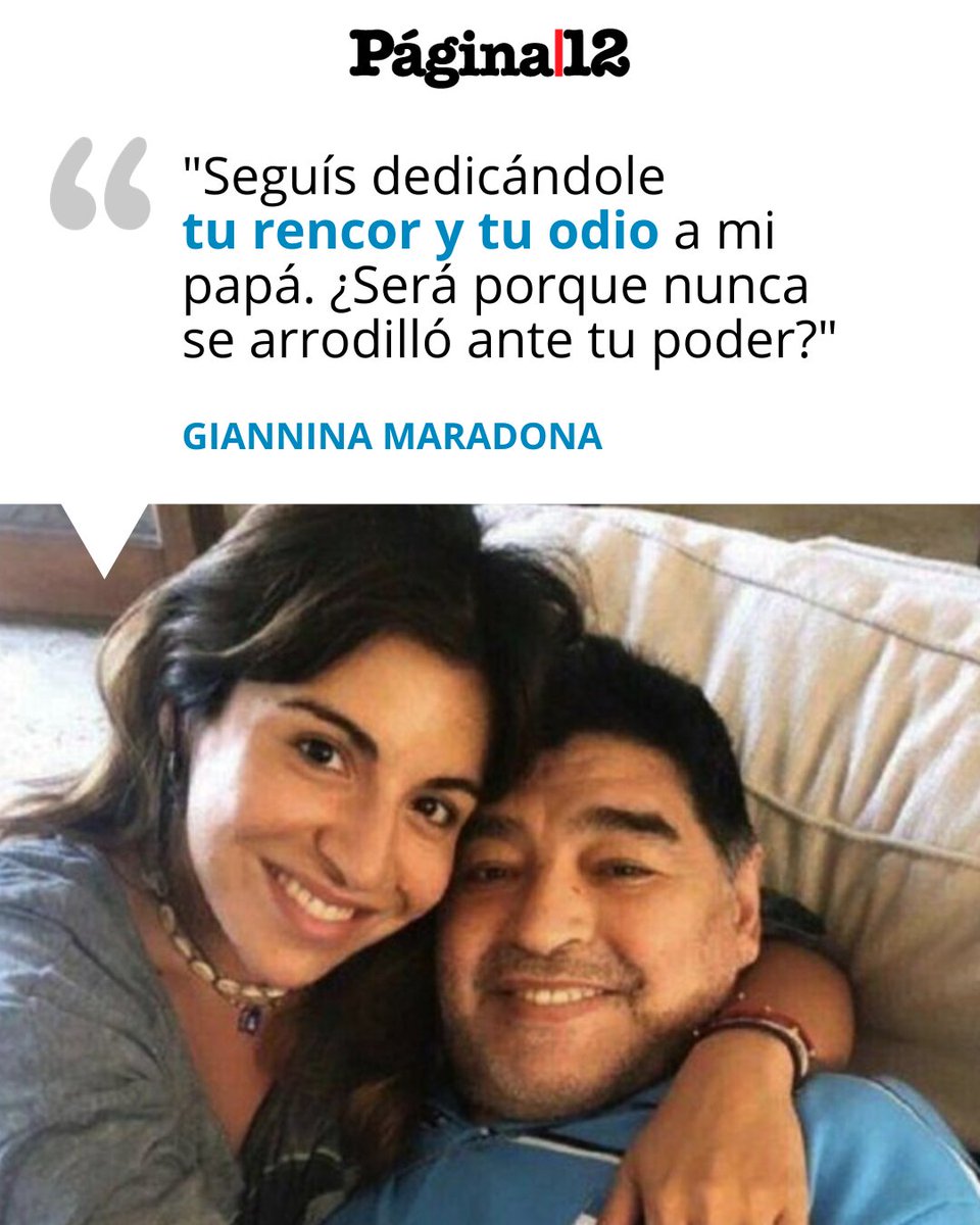 pagina12's tweet photo. LA RESPUESTA DE GIANINNA MARADONA A MACRI [https://t.co/BWCBR1n8Lk]

🇦🇷 "Ojalá en tu paso por esta tierra le des un cuarto de las alegrías que le dio mi viejo a los argentinos", le escribió Giannina a Macri. https://t.co/ydhGLMkYOT