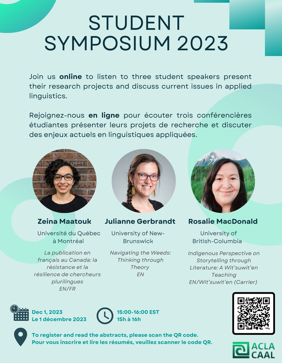 🎓 Exciting News! ACLA's Student Symposium is here! 🌐 Rejoignez-nous en ligne pour des discussions passionnantes. Scan the QR code or visitez le lien ci-dessous pour vous inscrire. 👉 eventbrite.ca/e/761399445237… #ACLASymposium #StudentResearch