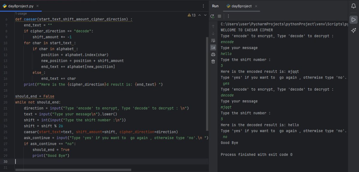 suryakrishna_vp's tweet photo. #100DaysOfCode
𝙳𝙰𝚈 : 8
𝙿𝚁𝙾𝙹𝙴𝙲𝚃 : 𝙲𝙰𝙴𝚂𝙰𝚁 𝙲𝙸𝙿𝙷𝙴𝚁
#pythonprogramming #CodingJourney
Basics of Functions in python
#LovePython
Need your support😍 https://t.co/hH8ZmqwxvN