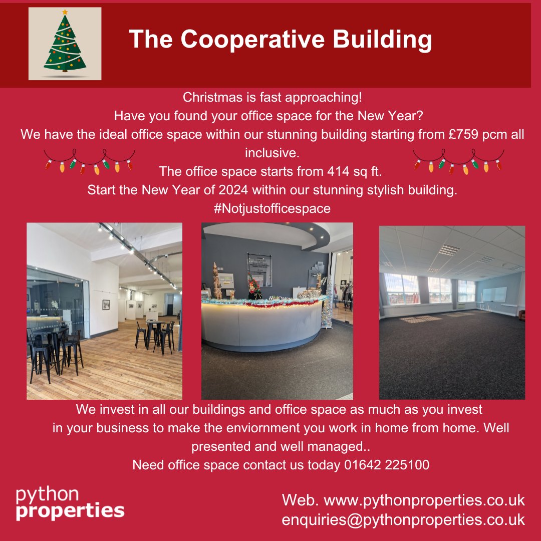 Python_Prop's tweet image. The Christmas spirit has arrived at The Cooperative Building and we are pleased to announce we only have a few suites remaining. Are you ready to start the New Year with a new office?, call us on 01642 225100 to schedule your viewing ahead of 2024. #newofficespace