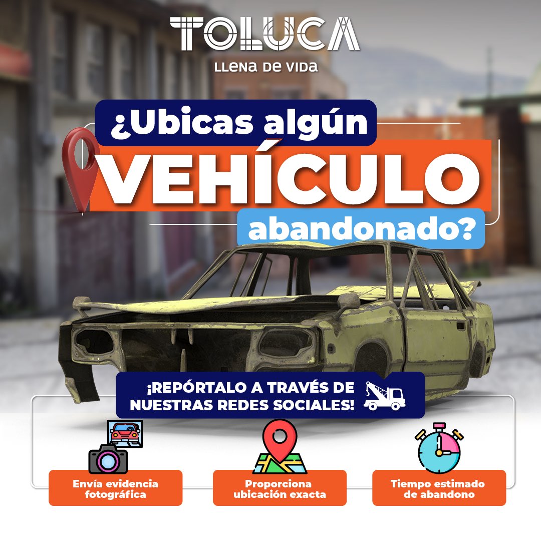 TolucaGob's tweet photo. 🚘 ¡Queremos que las calles de #Toluca sean para todas y todos! 📲
Si ubicas algún vehículo abandonado, repórtalo a través de redes sociales para retirarlo y que tengamos #CallesLibres. 🛣️✅
Unidos hacemos de nuestra #TolucaLlenaDeVida un mejor lugar para vivir. 🤝🏼 https://t.co/eGV6rRCyej