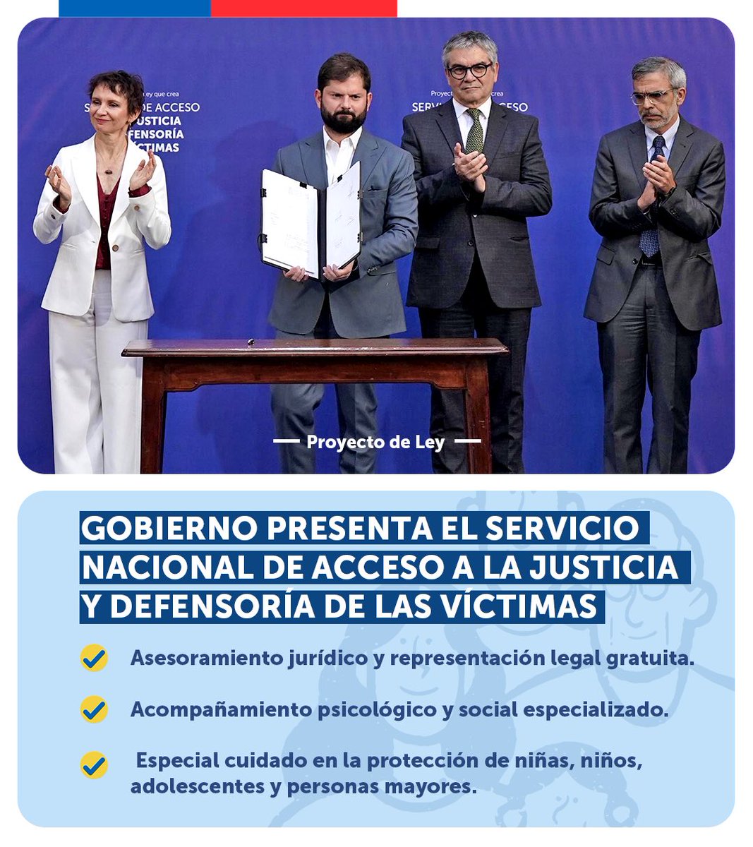 ⚖️ El Presidente <a href="/GabrielBoric/">Gabriel Boric Font</a>, junto al ministro <a href="/LuisCorderoVega/">Luis Cordero Vega</a> y la ministra <a href="/Carolina_Toha/">Carolina Tohá</a> presentaron el proyecto de Ley que crea el nuevo Servicio Nacional de Acceso a la Justicia (SNAJ) y la Defensoría de Víctimas, que busca brindar apoyo jurídico integral y gratuito.
