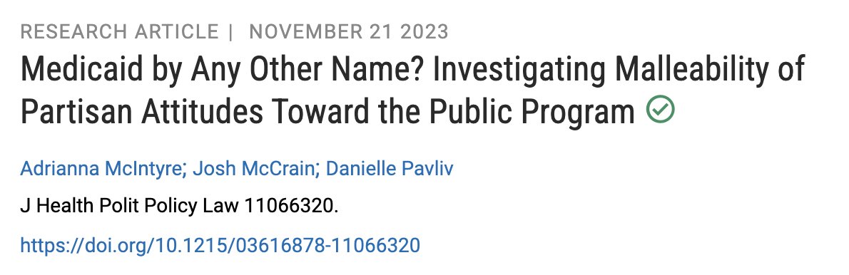 MassHealth. KanCare. Med-QUEST. Have you ever wonder whether states 'branding' their Medicaid programs influences public support? We did—so we ran some survey experiments. Results were not what we expected! With @joshmccrain, now available at @JHPPL: read.dukeupress.edu/jhppl/article/…