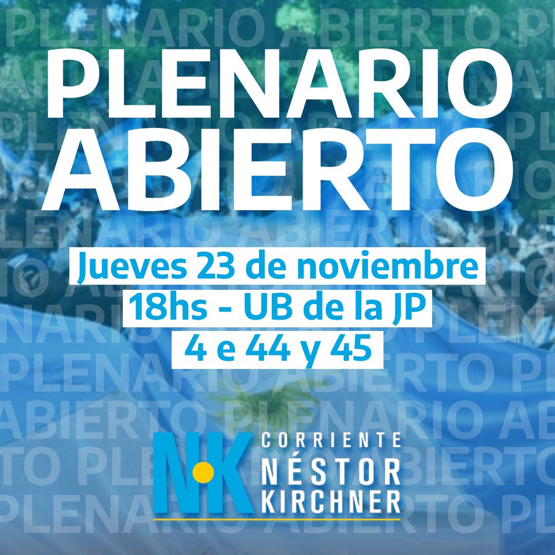 CNKLaPlata's tweet photo. Este jueves 23/11 a las 18hs en la UB de la JP (4 e/ 44 y 45) vamos a realizar un plenario abierto 🇦🇷

» La etapa que viene nos necesita a todos/as más involucrados/as, más organizados/as, más militantes.

¡Nos vemos ahí!

#LaPlata #Elecciones2023 https://t.co/T3NXNboG26