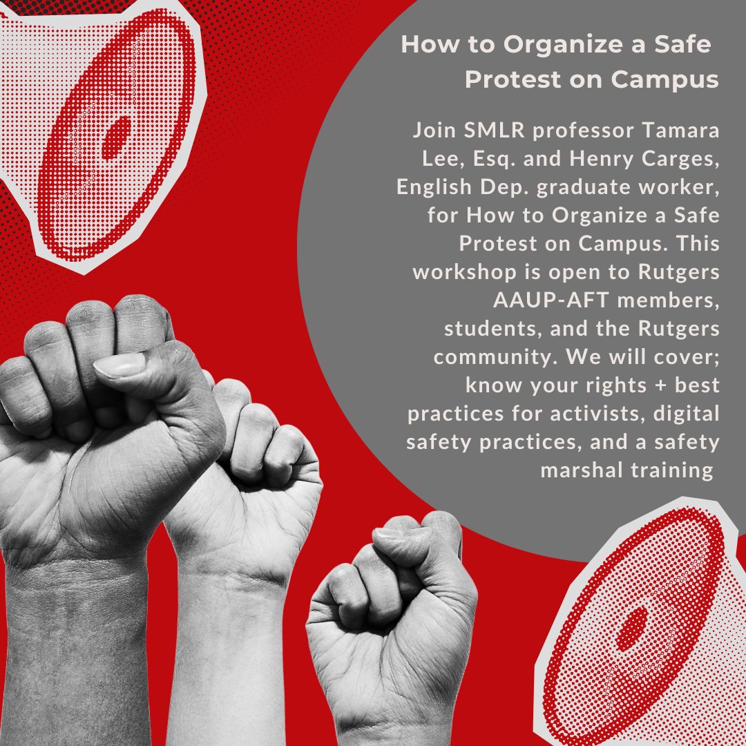 ruaaup's tweet photo. 📣11/28 6:30 PM📣
How to Organize a Safe Protest on Campus!
Open to members, students, &amp; the Rutgers community. We'll cover: rights &amp; best practices, digital safety, &amp; a safety marshal training.
RSVP: https://t.co/Yr7AFLfgV8

#SafeProtest #KnowYourRights https://t.co/dHrngwGOFs