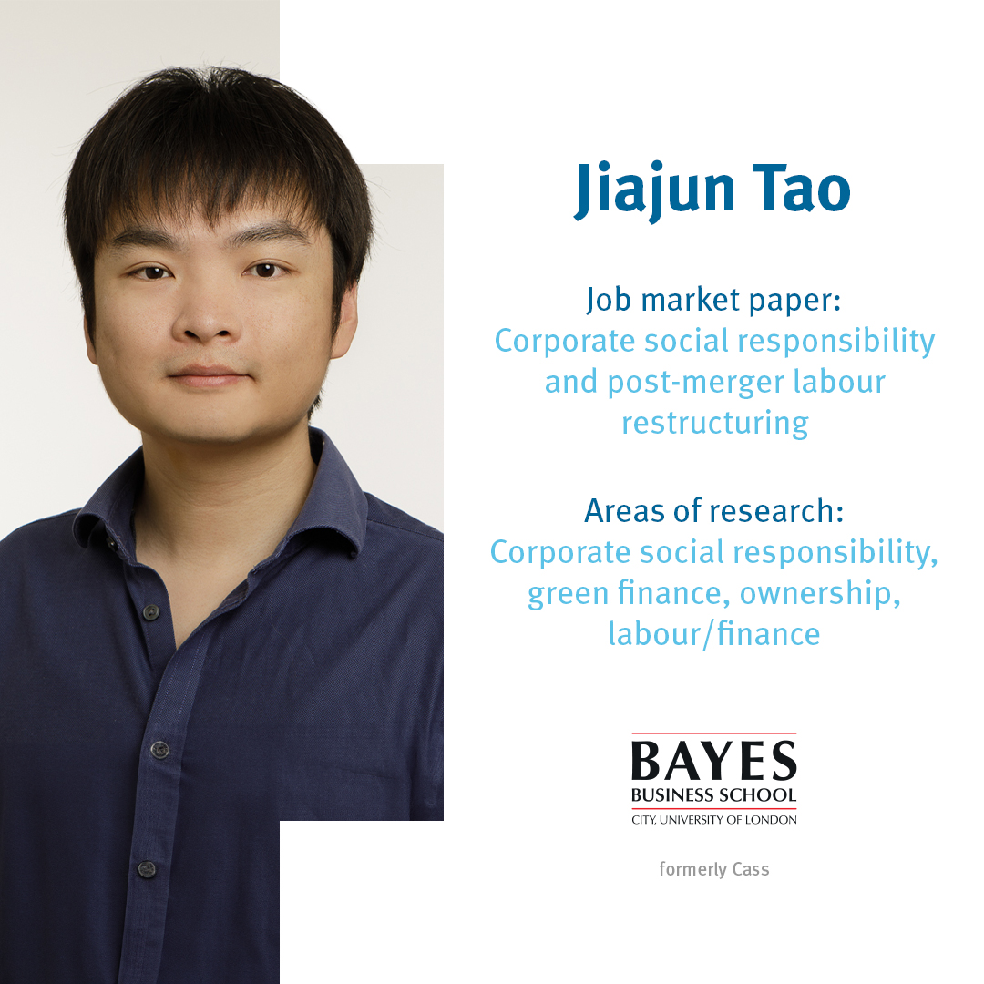 Meet Jiajun Tao, PhD candidate in finance. His research interests are in empirical corporate finance, with a focus on Corporate Social Responsibility, Green Finance, Ownership and Labour Find out more: jiajuntao.com @JiajunTao1994 #BayesPhD #Finance #EconJobMarket