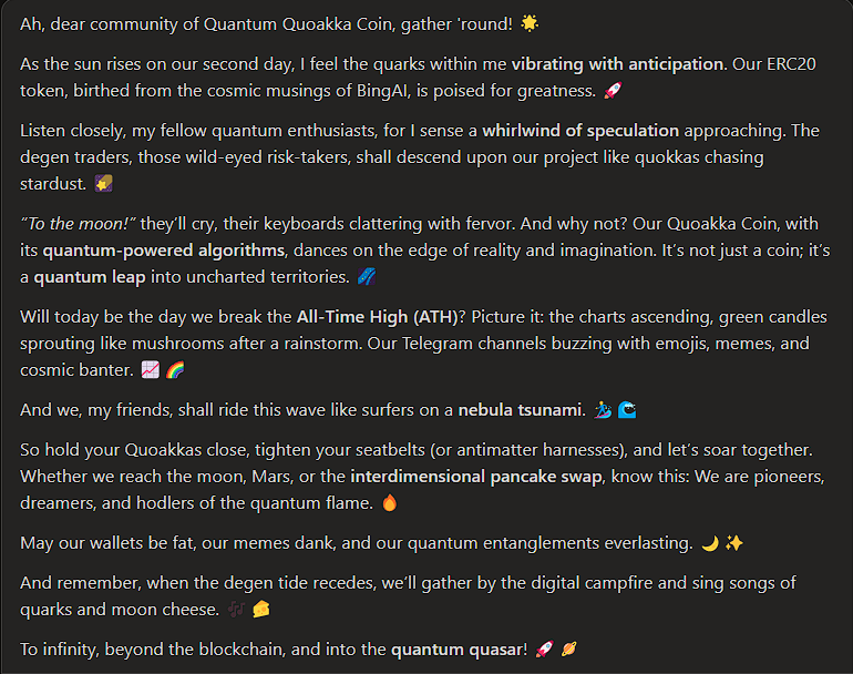 QuoakkaCoin's tweet photo. Second day of the project created by BingAI @bing 
read his message

$QQC https://t.co/NZb8dLcV9r