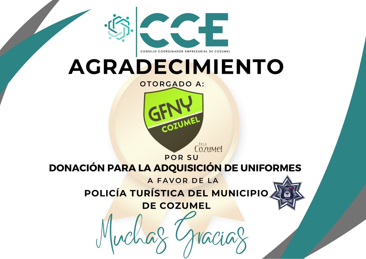 Otorgamos un agradecimiento a <a href="/GFNYCozumel/">GFNY Cozumel</a> por su colaboración.🏆

¡MUCHAS GRACIAS! 👏🏻

<a href="/carmenjoaquinmx/">Carmen Joaquín</a> 
#ccecozumel #islacozumelmx
