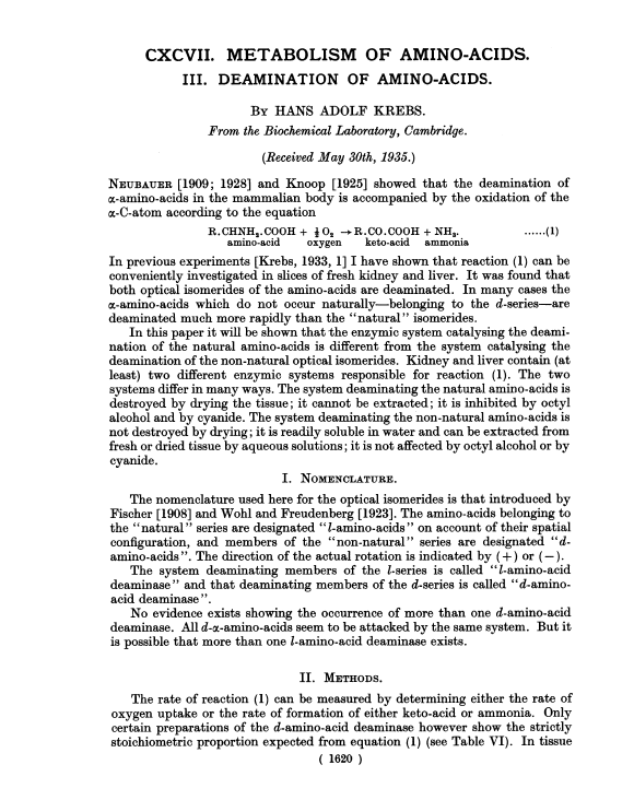 BiswapriyaMisra's tweet photo. Here's the 1st ever paper from Hans Adolf #Krebs that is findable on ##PubMed, from 1935! #singleauthor  

Metabolism of amino-acids: Deamination of amino-acids: https://t.co/7OR3YAkcVP 

#TCA #krebs #cycle #aminoacids #metabolomics #metabolite #multiomics #LCMS #GCMS https://t.co/c9ZiUKpMHY