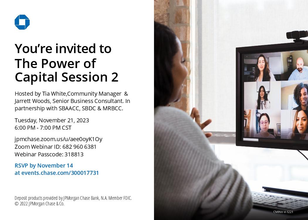 It's not too late!  Register now for this informative session on getting money for your business.
Register here: RSVP: events.chase.com/300017731