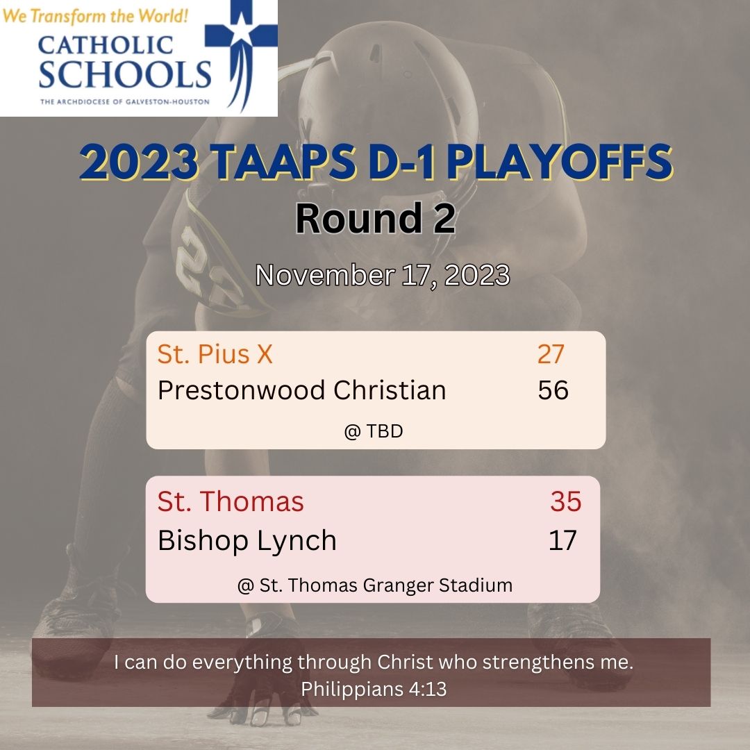 Catholic High School Football Playoff recap!
Unfortunately, one of our 2 remaining teams fell. Yet, a giant remains poised and in the thick of things. Let's go St. Thomas High School!!!!