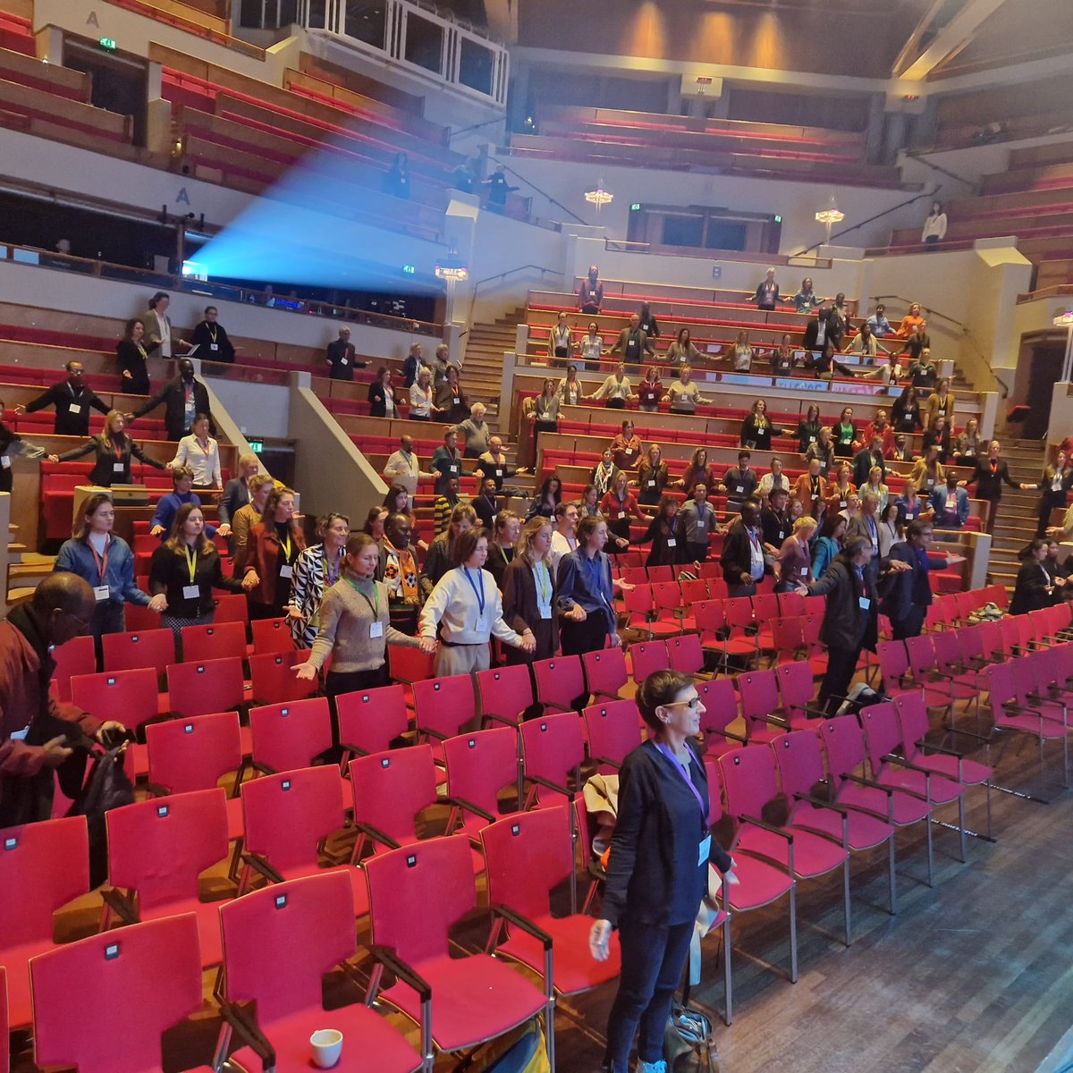 ectmih2023's tweet photo. We are learning and getting inspired a lot at #ECTMIH2023. However, it is also good to learn coping mechanisms to deal with the stress that can occur from the big topics and themes we discuss. We did a breathing exercise together in the main hall. https://t.co/mFk7YKt08V