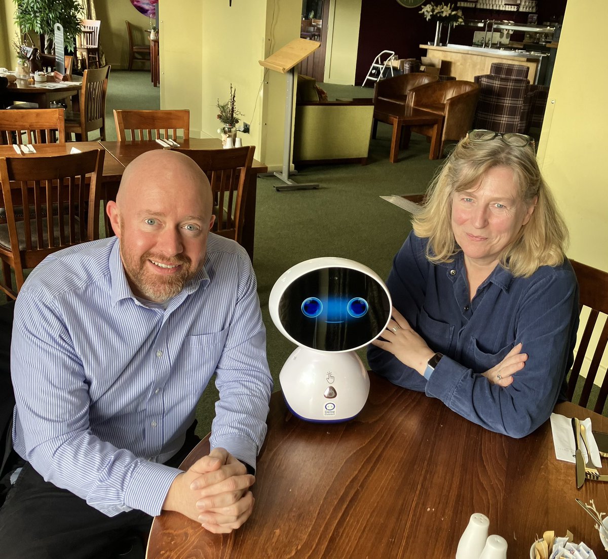 BevNCF's tweet photo. Great to meet with @ServiceRobotics and reunite with Genie robot in an almost sunny Cornwall this morning! @NCFCareForum look forward to more conversations with you about hybrid care. https://t.co/zNCM7u8MxA