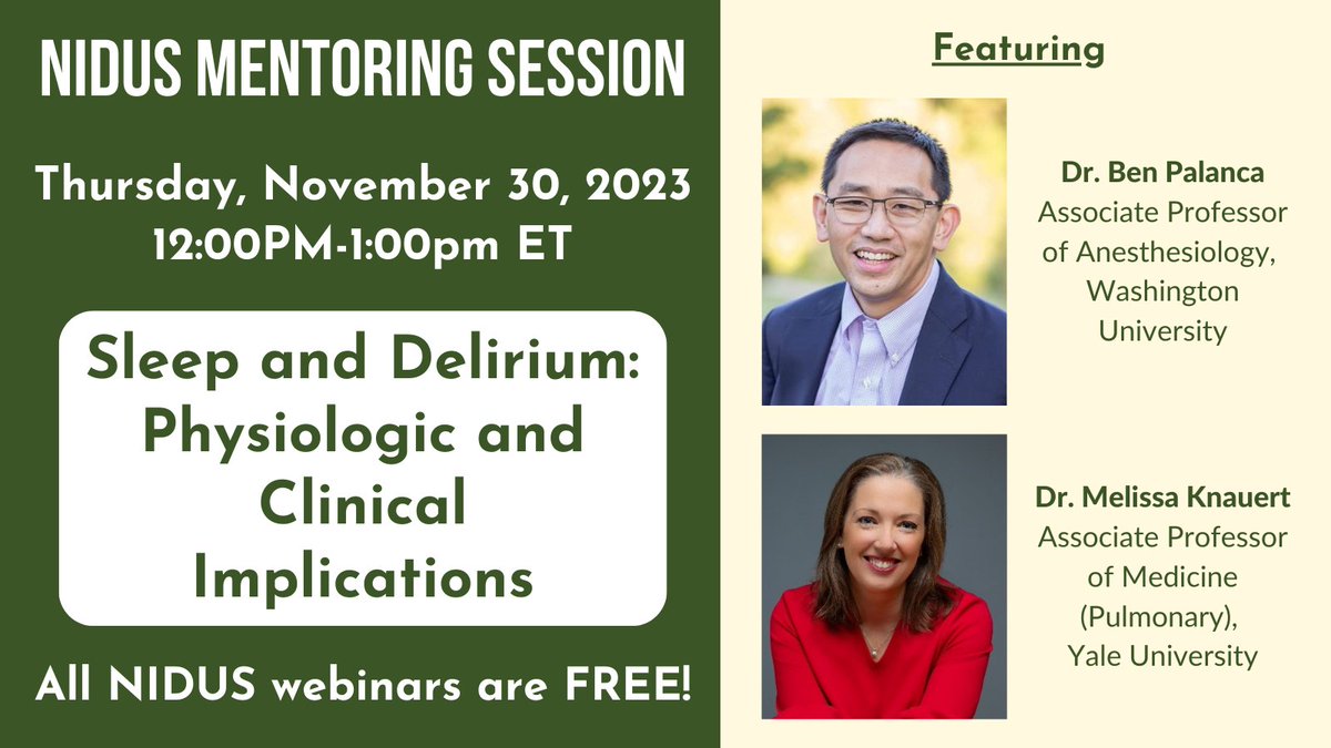 Next Thursday, Nov 30, hear from <a href="/BenPalanca/">Ben Palanca</a> &amp; <a href="/KnauertMKnauert/">Melissa Knauert</a> on the relationship between Sleep &amp; #Delirium. deliriumnetwork.org/webinars/upcom…
<a href="/NIDUS_Delirium/">NIDUS Delirium Network</a> <a href="/sharon_inouye/">Sharon Inouye, MD</a> @devlinpharmd <a href="/DrDaleNeedham/">Dale Needham, MD, PhD</a> <a href="/agilis/">Donna Fick, PhD, GCNS-BC, FAAN</a> <a href="/H_SeniorLife/">Hebrew SeniorLife</a> <a href="/elderlifeprog/">HELP</a> <a href="/AmerDelirium/">American Delirium Society</a> <a href="/ANZDA_delirium/">AustralasianDelirium</a> <a href="/EDA_delirium/">European Delirium</a>