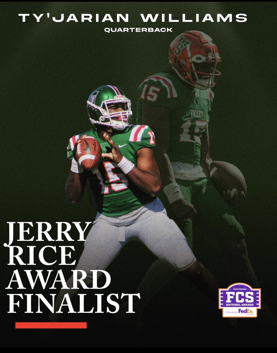 Congratulations to <a href="/_TyWilliams_11/">$ Ty’Jarian “Ty” Williams $</a> being named a 2023 Jerry Rice Award finalist. The Jerry Rice Award honors the most outstanding freshman player in the Football Championship Subdivision.

#Elevate
#TheTimeIsNow
