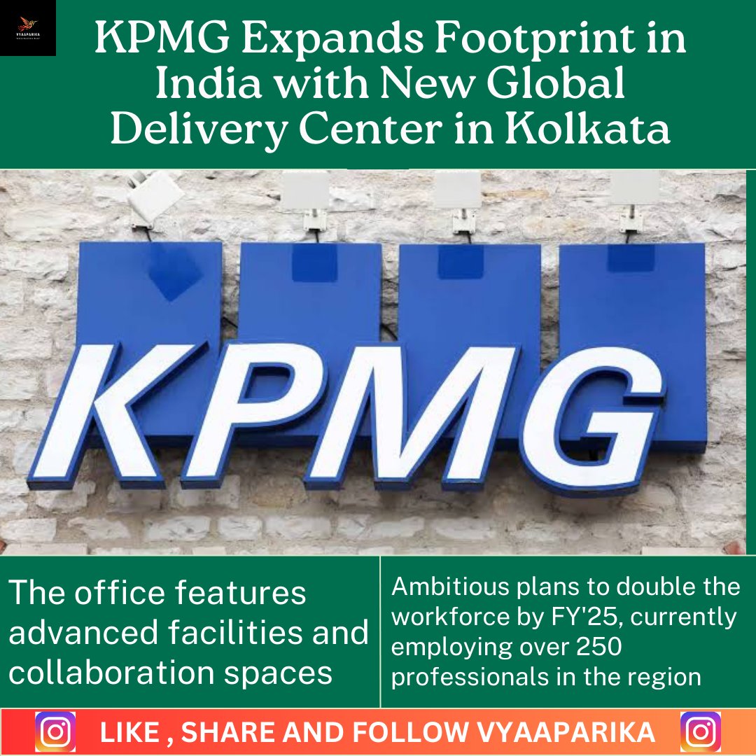 '🌐 Exciting news: KPMG expands in India with a new delivery center in Kolkata! 🚀 State-of-the-art facilities, ambitious growth plans, and doubling the workforce by FY'25. #KPMGIndia #ExpansionSuccess #BusinessGrowth'