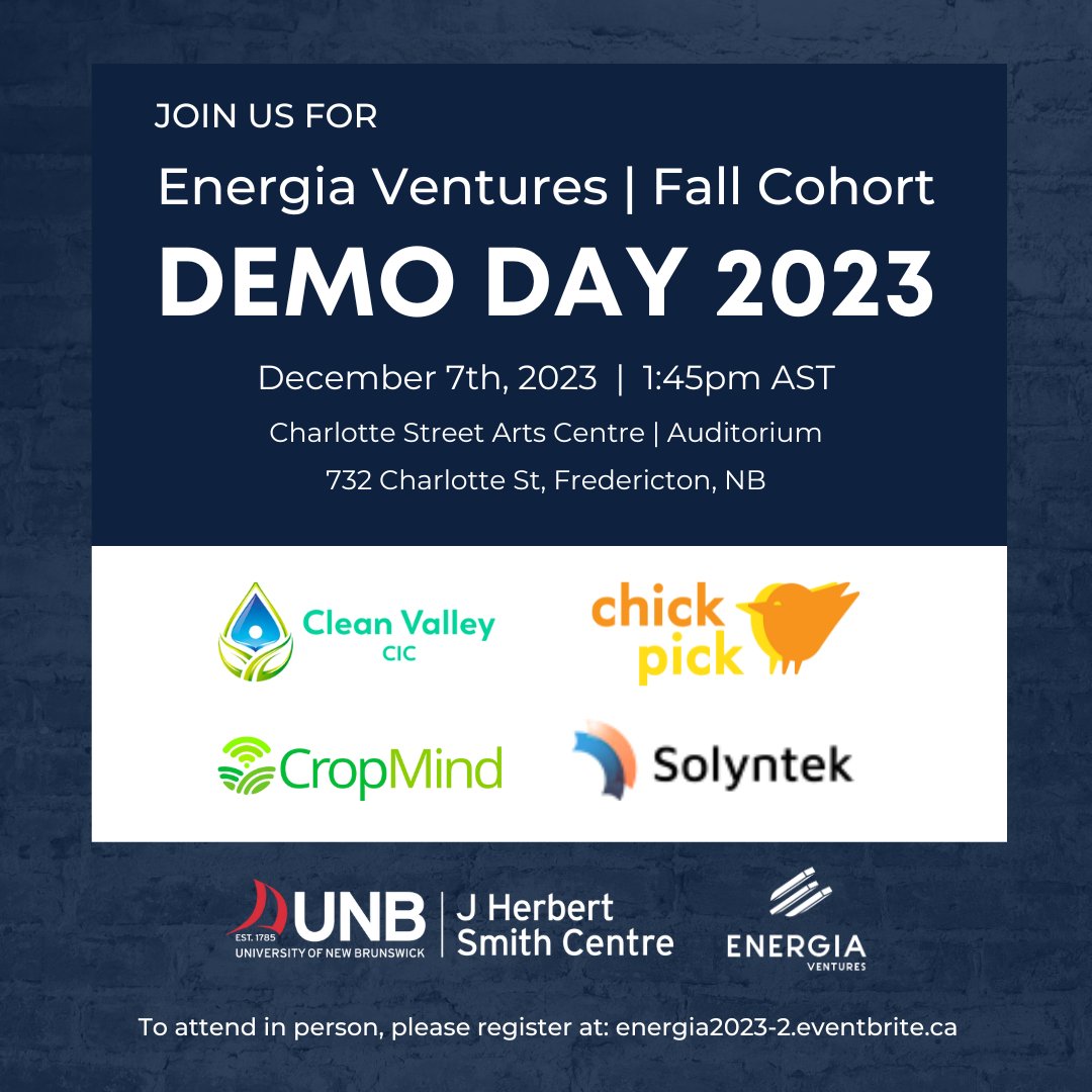 It’s time to celebrate the conclusion of another Energia Ventures program!

📅 December 7th, 2023
⏰ 1:45pm
📍 Charlotte Street Arts Centre - 732 Charlotte Street, Fredericton, NB.
📝 Registration &amp; Info: energia2023-2.eventbrite.ca