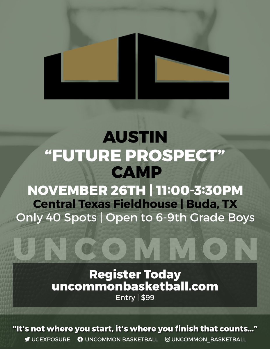 UC_Exposure's tweet photo. Still spots Open in the UCExposure "Future Prospects" Camp!  Sunday 11-3:30 at CTX Fieldhouse 6-9th Grade Boys #StartEarly #BeUncommon #StandOutToCoaches @JHSJags_Hoops @ProSkillsATX @ProskillsTalley @TL_35 @TexasHardwork @astrohoopz @CoachTJWilliams @SSports_Media @STBA_TX https://t.co/ry3c6NcbIC