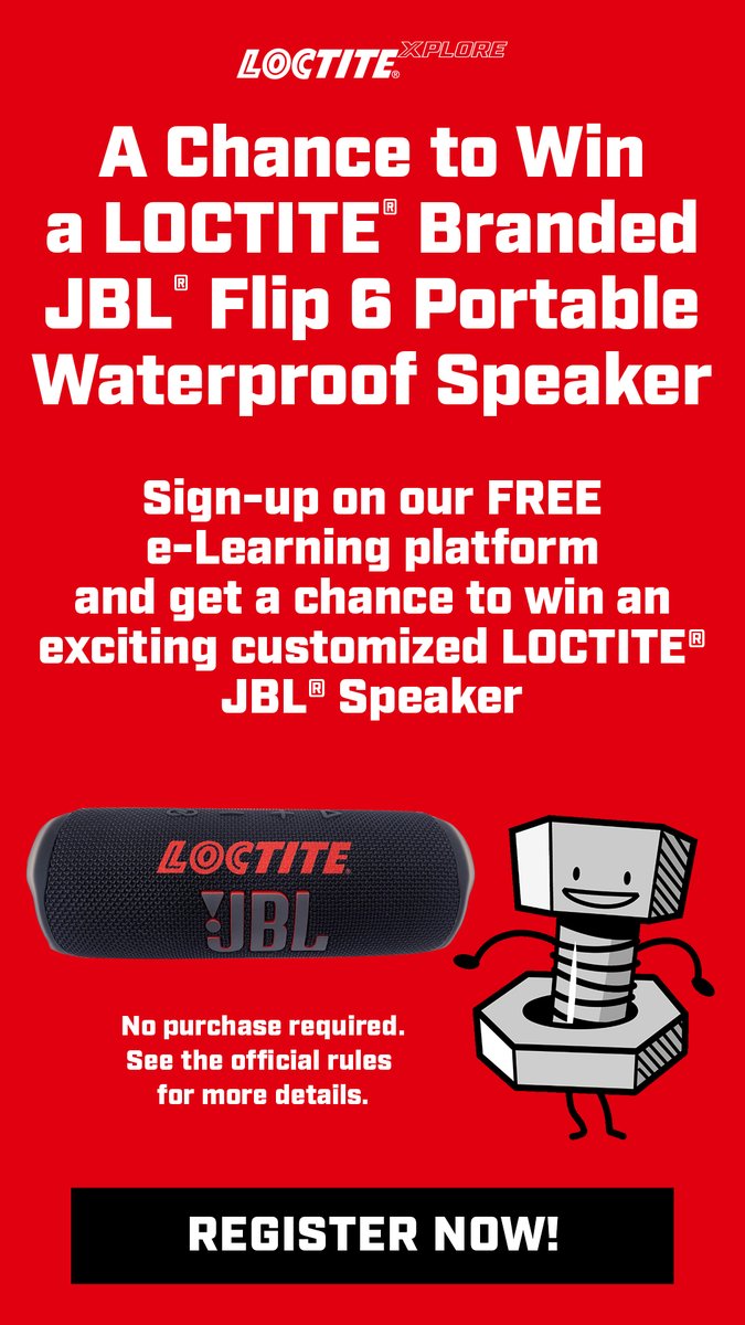 Loctite_NA's tweet photo. Interested in a chance to win a LOCTITE® branded JBL® Flip 6 Waterproof Speaker? Sign up for our free e-learning platform, LOCTITE® Xplore!
 
Register, complete the sweepstakes form, and submit it. Register NOW - https://t.co/w6vtzaYfUi
 
US residents only. Must be 18 years or older to enter. No purchase necessary. Full terms and conditions on sign up page. Ends 11/30/23. Winner will be contacted on 12/5/23.
 
**This promotion is not sponsored, endorsed or administered by X

#LOCTITE #LOCTITEXPLORE