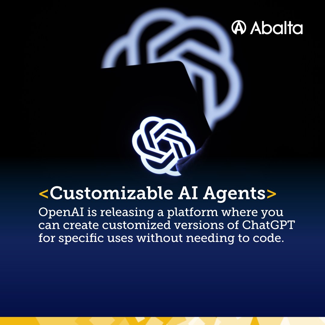 abaltatech's tweet photo. Did you know, OpenAI lets you create customized ChatGPT versions for specific uses without coding? 🤩 
Check out the slides for exciting updates. We stay at the forefront of innovation. Follow us and visit https://t.co/P5luDIuoT0 to stay ahead with us on the latest industry news! https://t.co/00bwCnsXMH