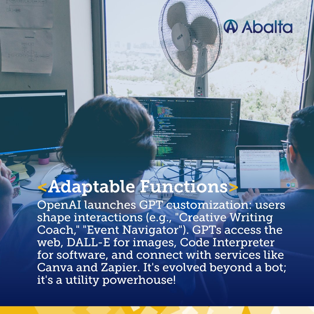 abaltatech's tweet photo. Did you know, OpenAI lets you create customized ChatGPT versions for specific uses without coding? 🤩 
Check out the slides for exciting updates. We stay at the forefront of innovation. Follow us and visit https://t.co/P5luDIuoT0 to stay ahead with us on the latest industry news! https://t.co/00bwCnsXMH