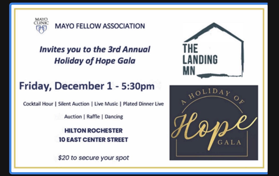 MayoFellows's tweet photo. Who doesn’t like getting dressed up 👗🎩💃🏻🤵‍♂️for a good cause? For just $20, you can attend A Holiday of Hope Gala for The Landing MN! Please see your email for registration! Tickets are limited and go fast! https://t.co/50qhGmdUwU