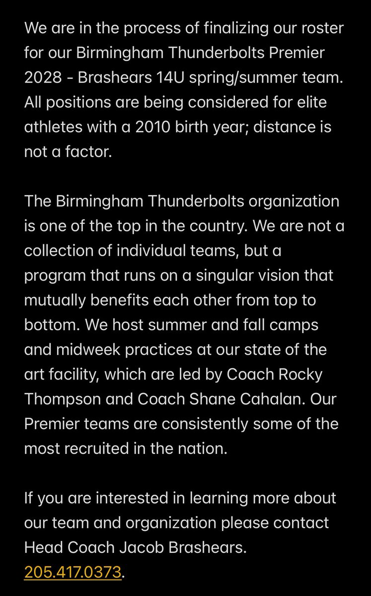 We are in the process of finalizing our roster for our Birmingham Thunderbolts Premier 2028 - Brashears 14U spring/summer team. If you are interested in learning more about our team and the @BoltsOrg please contact Head Coach @jacobbrashears.