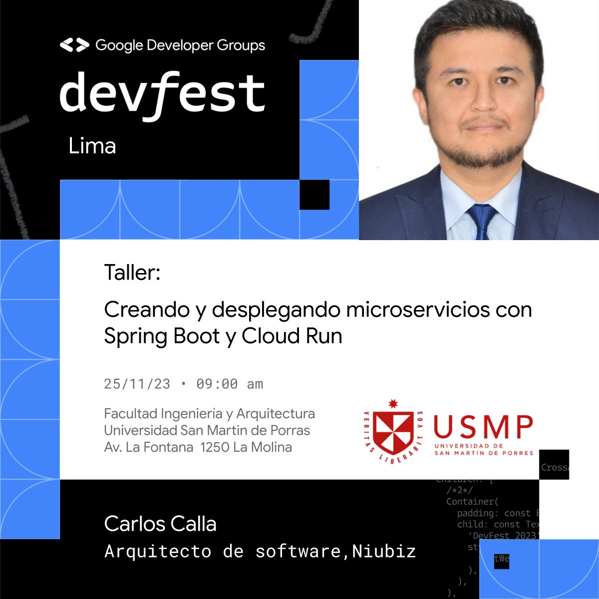 gdglima's tweet photo. 📢 ¡Conoce a nuestros #Expositores !
🧑💻Con nosotros estará Carlos Calla
Acompáñanos en su taller:"Creando y desplegando microservicios con Spring Boot y Cloud Run"
📍: FIA USMP
📅: 25/11 09:00
📢 Registro: https://t.co/9GieAafkcS
#devfest #devfestlima #devfestlima23 https://t.co/r2mQulMy0T