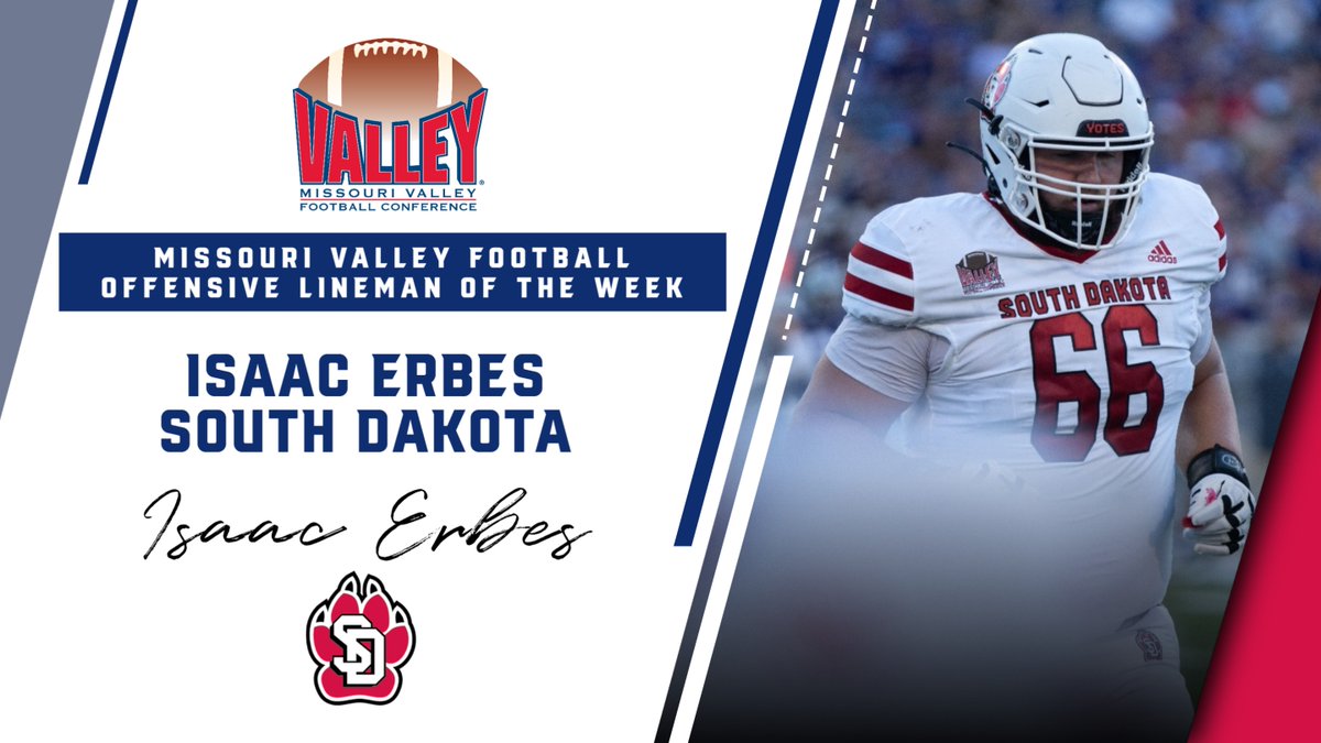 ValleyFootball's tweet photo. @SDCoyotesFB RG Isaac Erbes is #MVFC Offensive Lineman of the Week

https://t.co/Fl5NuyOfbQ https://t.co/dyHUfw0ZKW