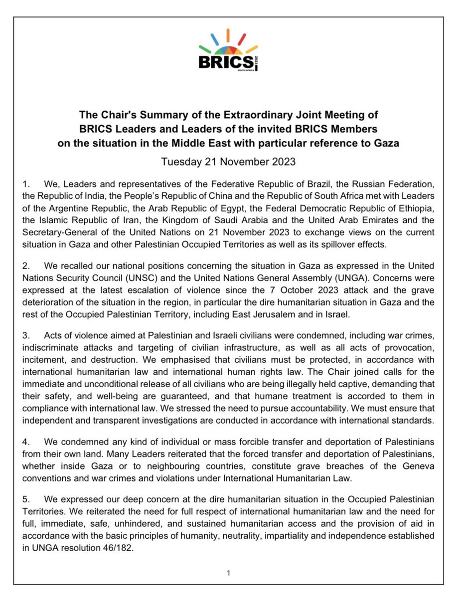 BRICSza's tweet photo. #BRICSza | The Chair's Summary of the Extraordinary Joint Meeting of
BRICS Leaders and Leaders of the invited BRICS Members
on the situation in the Middle East with particular reference to Gaza
Tuesday 21 November 2023. https://t.co/b2hEUhyjEa