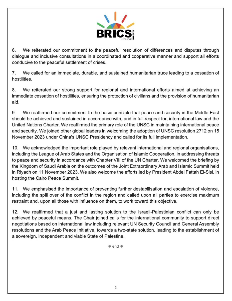 BRICSza's tweet photo. #BRICSza | The Chair's Summary of the Extraordinary Joint Meeting of
BRICS Leaders and Leaders of the invited BRICS Members
on the situation in the Middle East with particular reference to Gaza
Tuesday 21 November 2023. https://t.co/b2hEUhyjEa