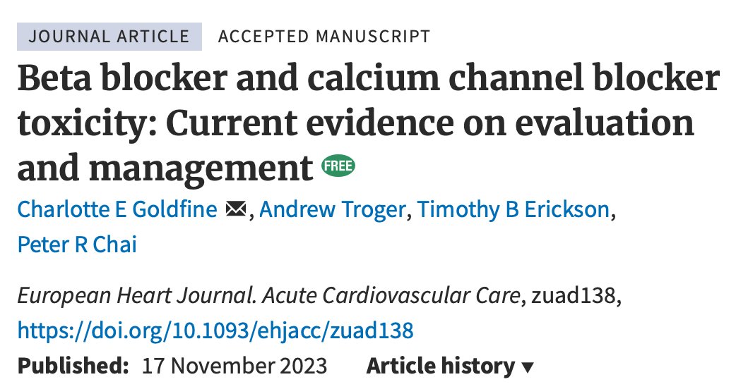 New work from our group led by @Dr_GoldiTox on updates in current management of beta blocker and calcium channel blocker toxicity in European Heart Journal @ESC_Journals: academic.oup.com/ehjacc/advance…