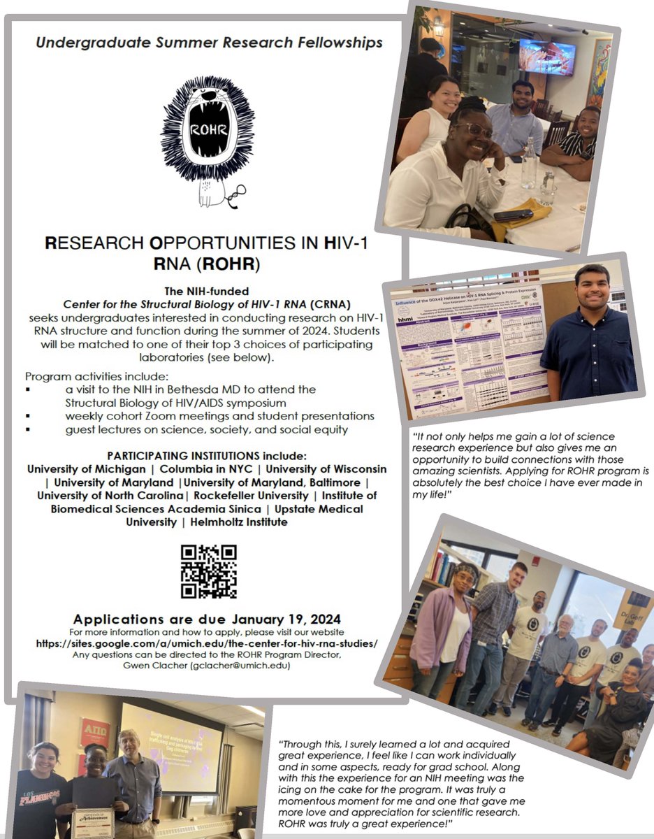 CRNA (@hiv1crna) on Twitter photo HEY UNDERGRADS!
Interested in conducting research on HIV-1 and RNA? If yes, don’t miss out on this opportunity to join a participating CRNA lab this summer! Living and travel expenses provided. Applications due 1-19-24
<a href="/BLACKandSTEM/">#BLACKandSTEM</a>
@BlackInMicro <a href="/BlackInBiophys/">Black In Biophysics</a>
<a href="/SACNAS/">SACNAS</a> <a href="/ABRCMS/">ABRCMS</a> HEY UNDERGRADS!
Interested in conducting research on HIV-1 and RNA? If yes, don’t miss out on this opportunity to join a participating CRNA lab this summer! Living and travel expenses provided. Applications due 1-19-24
<a href="/BLACKandSTEM/">#BLACKandSTEM</a>
@BlackInMicro <a href="/BlackInBiophys/">Black In Biophysics</a>
<a href="/SACNAS/">SACNAS</a> <a href="/ABRCMS/">ABRCMS</a>