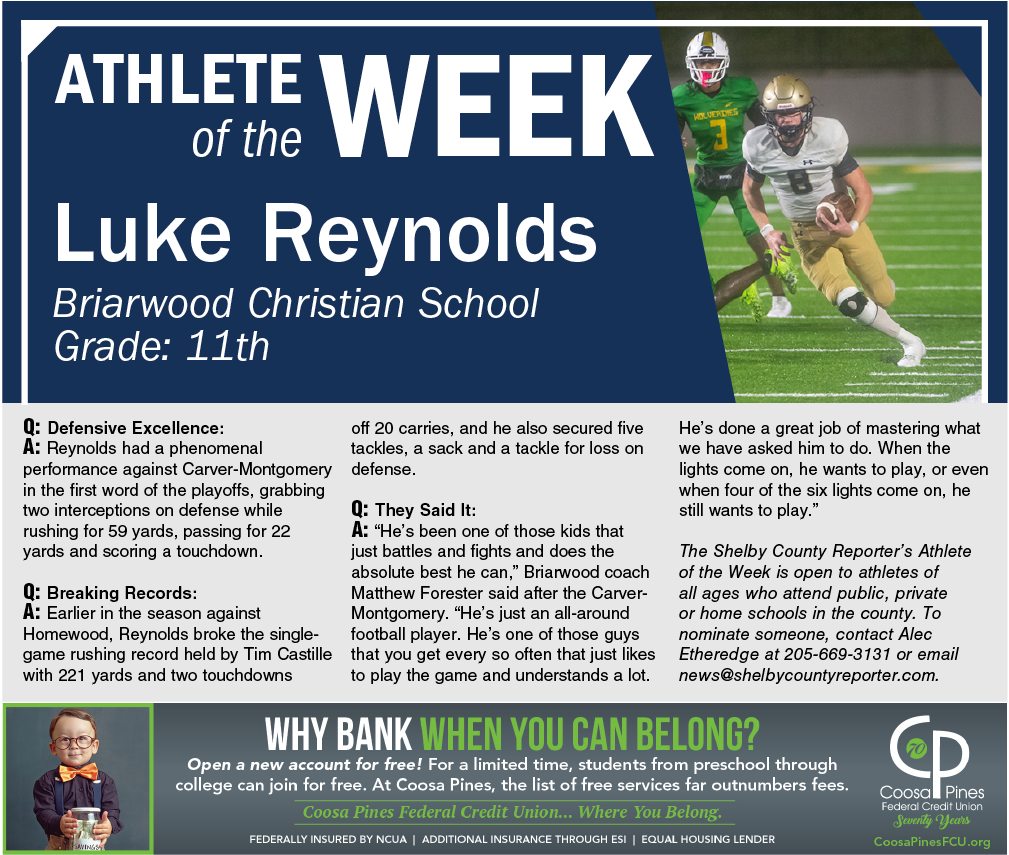 Andrew Simonson (@andrewtsimonson) on Twitter photo Congratulations to our Athlete of the Week, <a href="/LReynolds58/">Luke Reynolds</a> from <a href="/BriarwoodFTBLL/">Briarwood Football</a>! If you or your athlete would like to be featured in a future issue of the Shelby County Reporter, fill out our form: forms.gle/bseQdWi9qwiYAA… Congratulations to our Athlete of the Week, <a href="/LReynolds58/">Luke Reynolds</a> from <a href="/BriarwoodFTBLL/">Briarwood Football</a>! If you or your athlete would like to be featured in a future issue of the Shelby County Reporter, fill out our form: forms.gle/bseQdWi9qwiYAA…