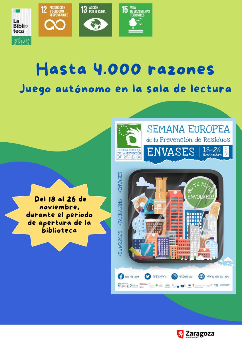 CDAMAZ's tweet photo. Semana Europea de la Prevención de Residuos en la sala de lectura CDAMAZ,  #EWWR con
🎲'Hasta 4000 razones' , un juego autónomo sobre la duración de residuos

🛒'La cesta de la compra: una muestra de establecimientos de Zaragoza, 0% envases, 0% residuos' 
https://t.co/qVh53fJGcK https://t.co/OFUa1U4Dx1