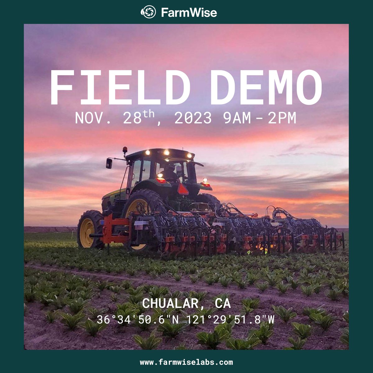 Join us on 11/28 in Chualar, CA for a field demo of the Vulcan 3-bed. Vulcan is a uniquely architectured precision weeder and cultivator. Come for its state-of-the-art #ComputeVision system, and stay for the serviceability of this simple and clean mechanical weeding implement