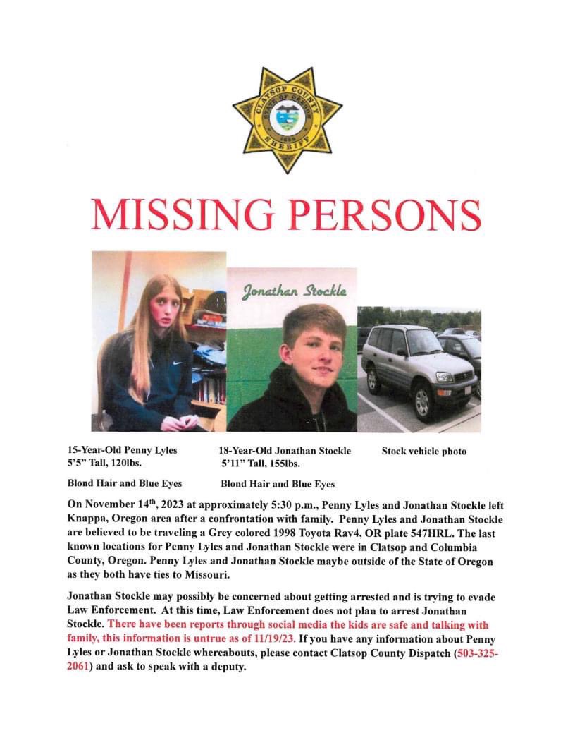 PnwCrimeNetwork's tweet image. 🚨UPDATE🚨 
Clatsop County Sheriff Office shares chilling details on missing teens Penny Lyles and Jonathan Stockle. 😱 Jonathan's family fears for his life, as his last text hinted at danger: "They're going to shoot me" and "Mommy, I'm scared." 🕵️‍♂️ #Oregon #MissingTeens