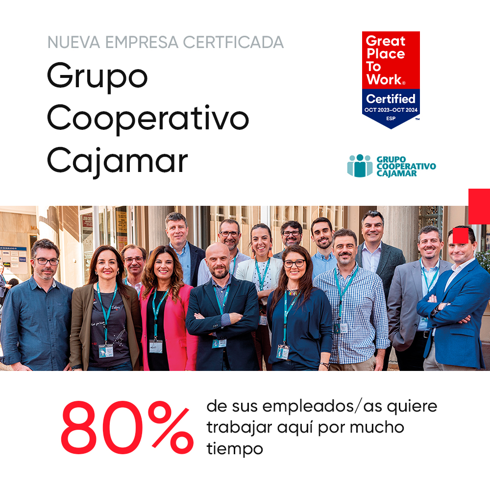 👏 ¡<a href="/Cajamar/">Grupo Cajamar</a> obtiene de nuevo la Certificación™ Great Place to Work®! ¡Bienvenid@s a la #ComunidadGreat! 🎉

🏅 El 80% de las personas de <a href="/Cajamar/">Grupo Cajamar</a> quiere trabajar aquí por mucho tiempo.

📍 Visita su #PerfilGreat en:
greatplacetowork.es/grupo-cooperat…

#GPTWcertifiedES