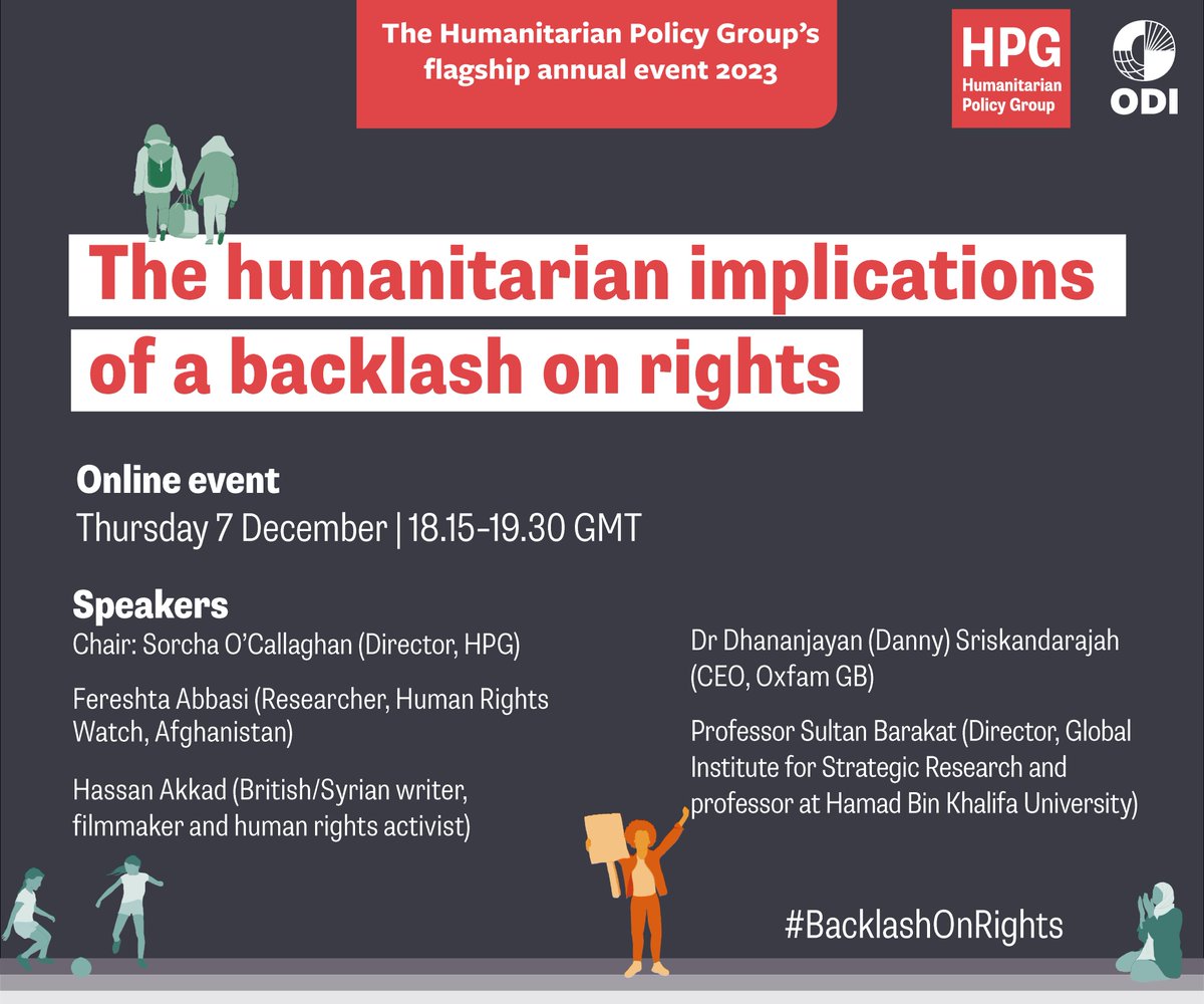 HPG (now on Bluesky: hpg-odiglobal.bsky.social) (@hpg_odi) on Twitter photo 📅 When aid orgs face suspensions in difficult environments, what are the implications for humanitarian action?
Join us in conversation with <a href="/dhnnjyn/">Danny Sriskandarajah</a> (<a href="/oxfamgb/">Oxfam</a>), <a href="/FereshtaAbbasi/">Fereshta Abbasi</a> (<a href="/hrw/">Human Rights Watch</a>), <a href="/hassan_akkad/">Hassan Akkad حسان عقاد</a> & <a href="/BARAKAT_Sultan/">Sultan Barakat | سلطان بركات</a> (@PolicyCollege) ➡️ bit.ly/HPGAnnualEvent… #BacklashOnRights 📅 When aid orgs face suspensions in difficult environments, what are the implications for humanitarian action?
Join us in conversation with <a href="/dhnnjyn/">Danny Sriskandarajah</a> (<a href="/oxfamgb/">Oxfam</a>), <a href="/FereshtaAbbasi/">Fereshta Abbasi</a> (<a href="/hrw/">Human Rights Watch</a>), <a href="/hassan_akkad/">Hassan Akkad حسان عقاد</a> & <a href="/BARAKAT_Sultan/">Sultan Barakat | سلطان بركات</a> (@PolicyCollege) ➡️ bit.ly/HPGAnnualEvent… #BacklashOnRights