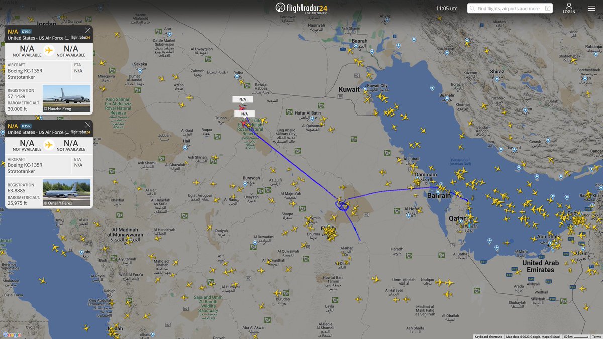 AIYeyENGDdJkjTr's tweet photo. Nov. 21, 2023
#Al-Udeid Air Base #Iraq
#NoCALLSIGN #AE0393 USAF KC-135R Stratotanker
#Prince Sultan Air Base #Iraq
#NoCALLSIGN #AE0359 USAF KC-135R Stratotanker
#Prince Sultan Air Base #Heading to Jordan direction
#NoCALLSIGN #AE07A9 USAF KC-135R Stratotanker https://t.co/6YAFkpChMl