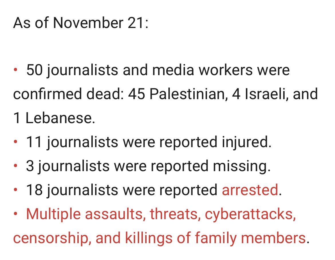 Ich erinnere mich an keinen Konflikt in dem in so kurzer Zeit so viele Journos getötet & verletzt wurden. Vier davon Israelis, die dem Terror des 07. Oktober zum Opfer fielen, 45 palästinensische Journos in Gaza. Wo bleibt der Aufschrei unter Kolleg:innen? cpj.org/2023/11/journa…