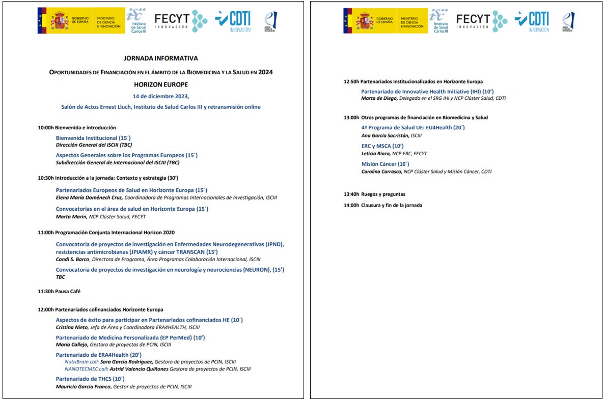 EU_RDI_LifeSci's tweet photo. 📣Jornada informativa: Oportunidades de financiación en Biomedicina y Salud en 2024
#H2020 #HorizonteEuropa #Salud #MisiónCáncer #IHI #PartenariadosCofinanciados #JPIAMR #TransCan #Neuron #ERA4Health #PerMed #THCS #EU4Health
🗓️14dic-Madrid &amp; online
ℹ️ Info https://t.co/0hUk7hoTvL https://t.co/sfOmeDwaUZ