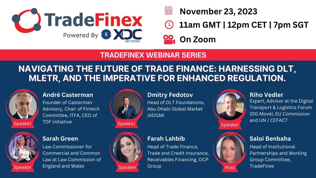 🏗️Explore the dynamics of #TradeFinance! Don't miss this opportunity to explore the future of global trade on Nov 23, at 11 am GMT! Engage with industry experts, unravel the potential of #DLT, #MLETR & the regulatory landscape influencing trade.

Register👉us06web.zoom.us/webinar/regist…